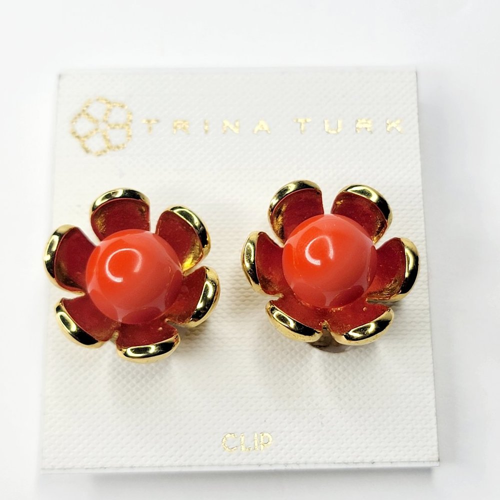 Trina Turk Indian Canyon Flower Gold Tone Orange Ball Clip On Earrings NWT